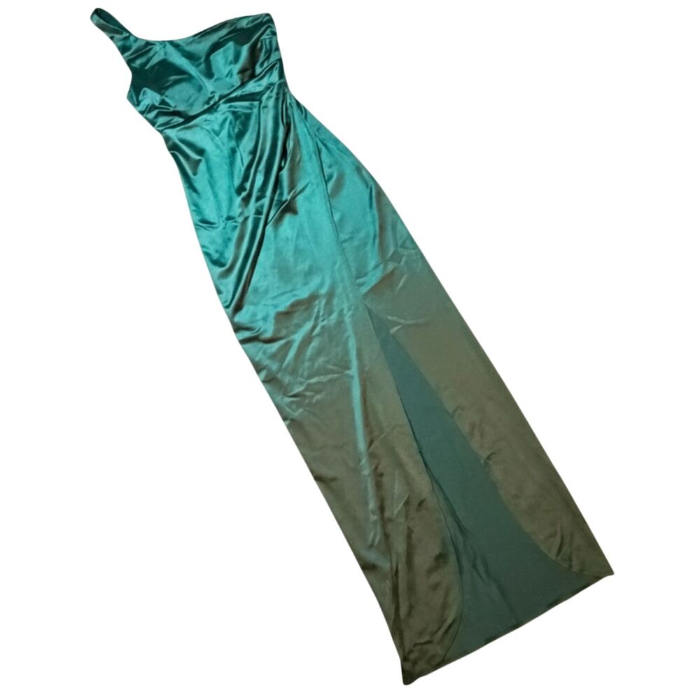 Emerald green satin one shoulder evening gown draped front small